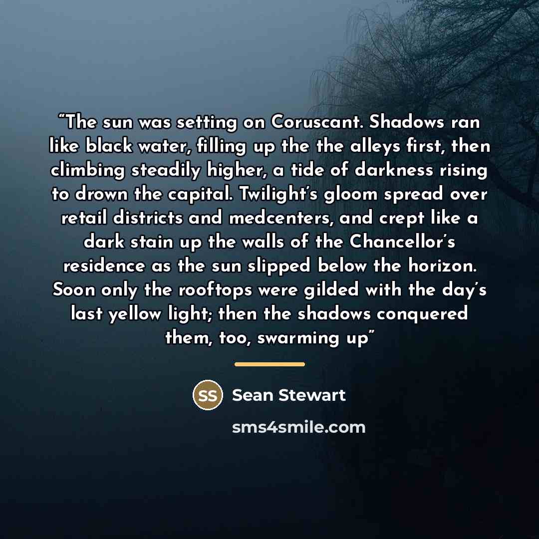 “The sun was setting on Coruscant. Shadows ran like black water, filling up the the alleys first, then climbing steadily higher, a tide of darkness rising to drown the capital. Twilight’s gloom spread over retail districts and medcenters, and crept like a dark stain up the walls of the Chancellor’s…” quote by Sean Stewart