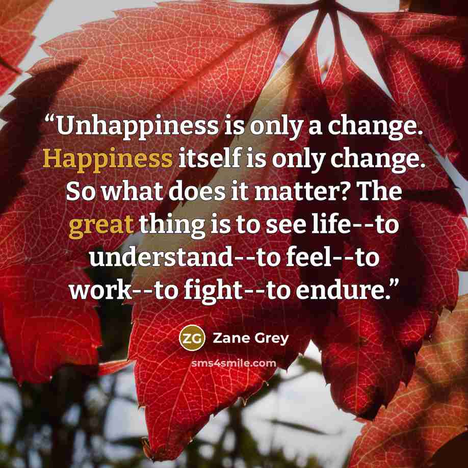 “Unhappiness is only a change. Happiness itself is only change. So what does it matter? The great thing is to see life--to understand--to feel--to work--to fight--to endure.” quote by Zane Grey