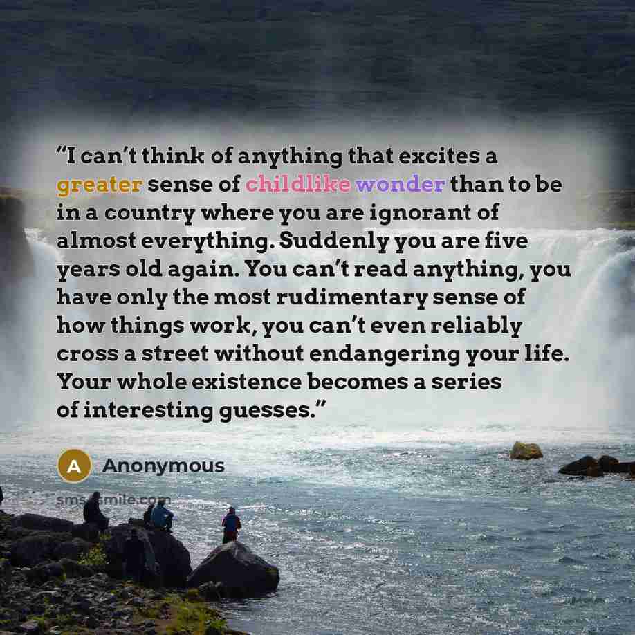 “I can’t think of anything that excites a greater sense of childlike wonder than to be in a country where you are ignorant of almost everything. Suddenly you are five years old again. You can’t read anything, you have only the most rudimentary sense of how things work, you can’t even reliably cross…” quote by Anonymous