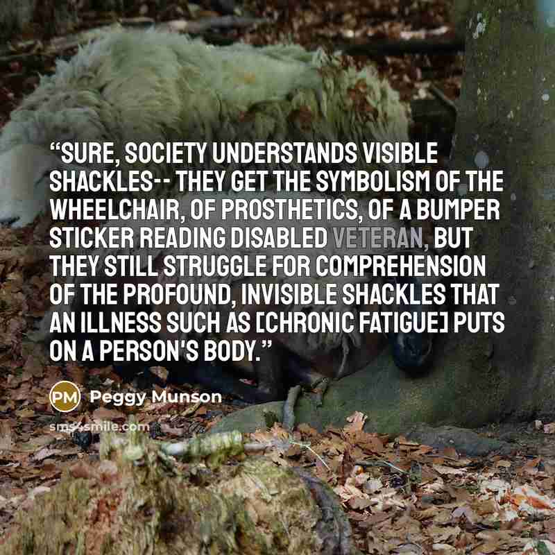 “Sure, society understands visible shackles-- they get the symbolism of the wheelchair, of prosthetics, of a bumper sticker reading disabled veteran, but they still struggle for comprehension of the profound, invisible shackles that an illness such as [Chronic Fatigue] puts on a person's body.” quote by Peggy Munson