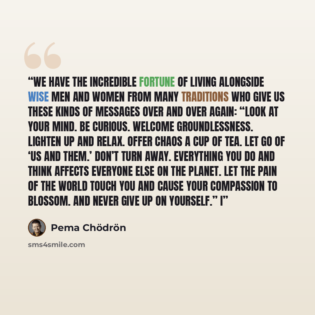 “we have the incredible fortune of living alongside wise men and women from many traditions who give us these kinds of messages over and over again: “Look at your mind. Be curious. Welcome groundlessness. Lighten up and relax. Offer chaos a cup of tea. Let go of ‘us and them.’ Don’t turn away…” quote by Pema Chödrön