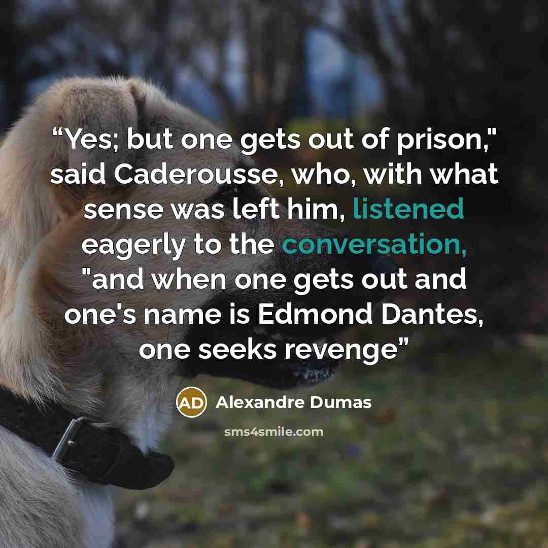 “Yes; but one gets out of prison," said Caderousse, who, with what sense was left him, listened eagerly to the conversation, "and when one gets out and one's name is Edmond Dantes, one seeks revenge” quote by Alexandre Dumas