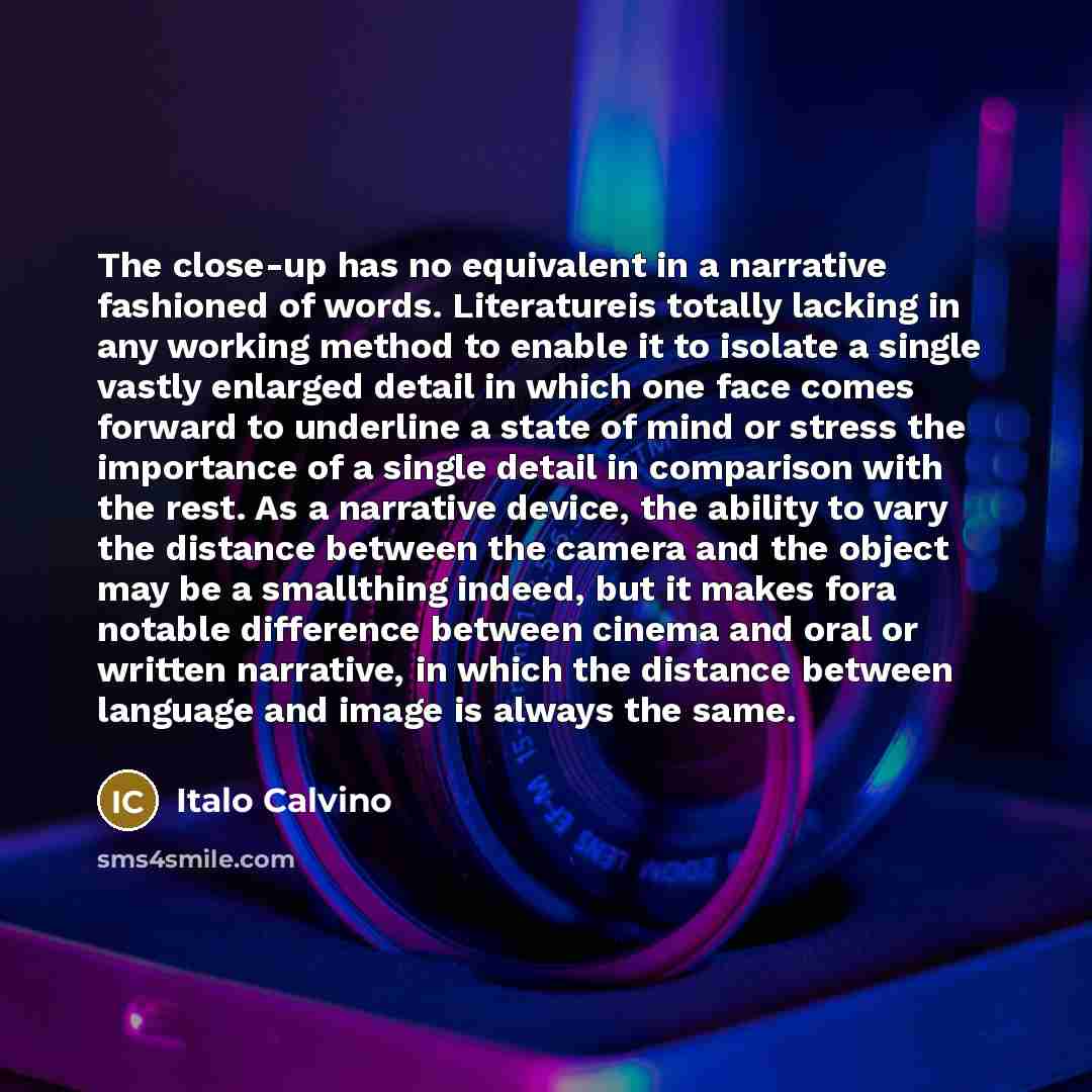 “The close-up has no equivalent in a narrative fashioned of words. Literatureis totally lacking in any working method to enable it to isolate a single vastly enlarged detail in which one face comes forward to underline a state of mind or stress the importance of a single detail in comparison with…” quote by Italo Calvino