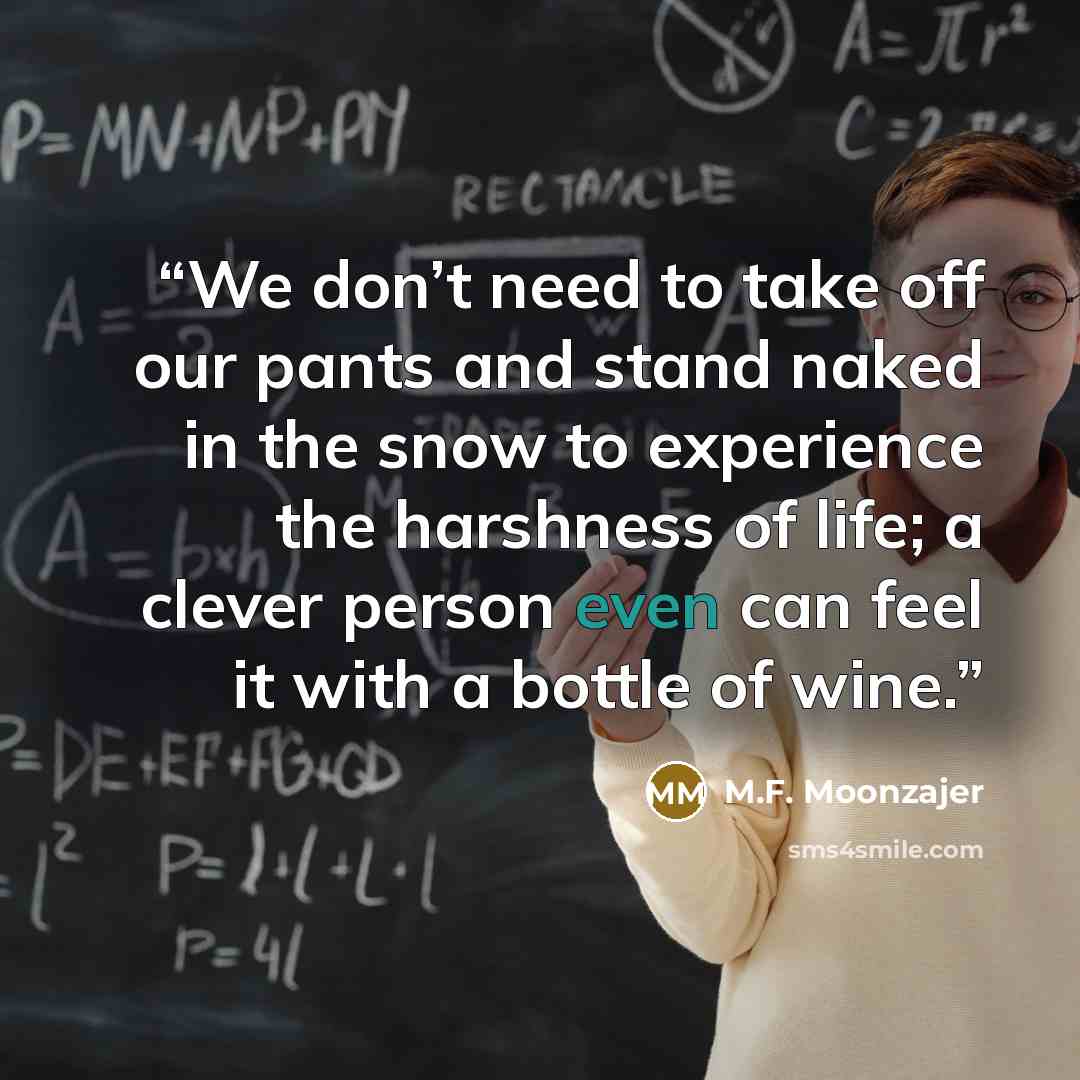 “We don’t need to take off our pants and stand naked in the snow to experience the harshness of life; a clever person even can feel it with a bottle of wine.” quote by M.F. Moonzajer