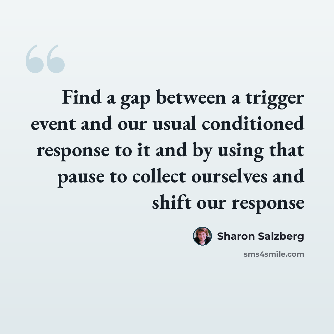 “Find a gap between a trigger event and our usual conditioned response to it and by using that pause to collect ourselves and shift our response” quote by Sharon Salzberg