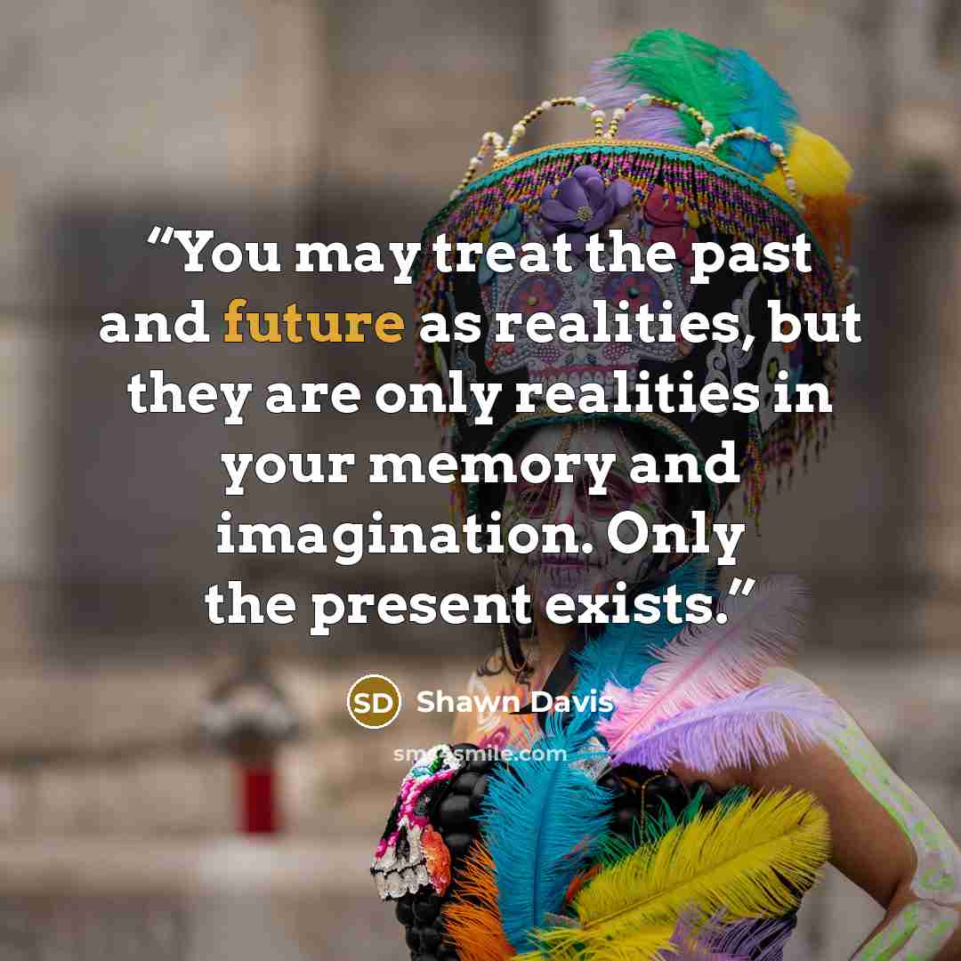 “You may treat the past and future as realities, but they are only realities in your memory and imagination. Only the present exists.” quote by Shawn Davis