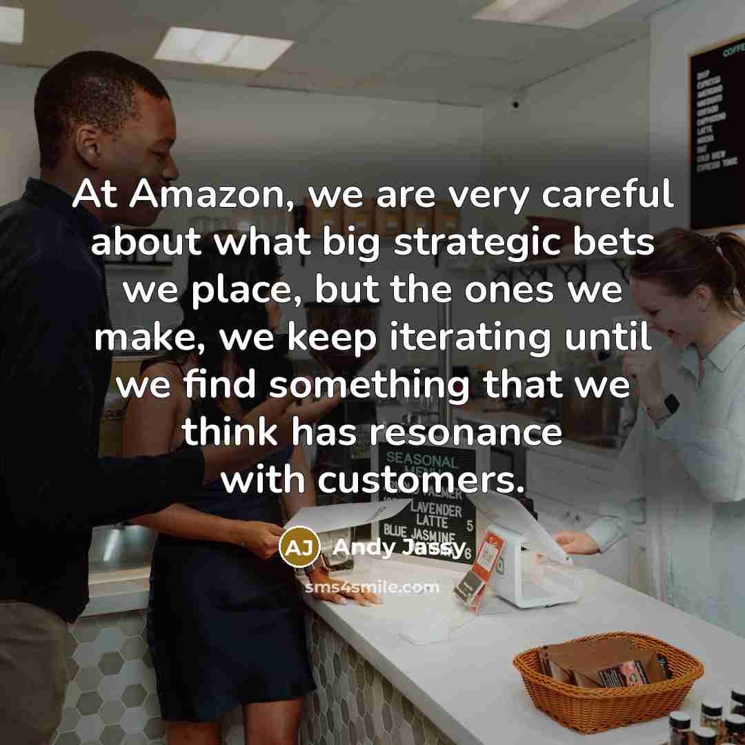 “At Amazon, we are very careful about what big strategic bets we place, but the ones we make, we keep iterating until we find something that we think has resonance with customers.” quote by Andy Jassy