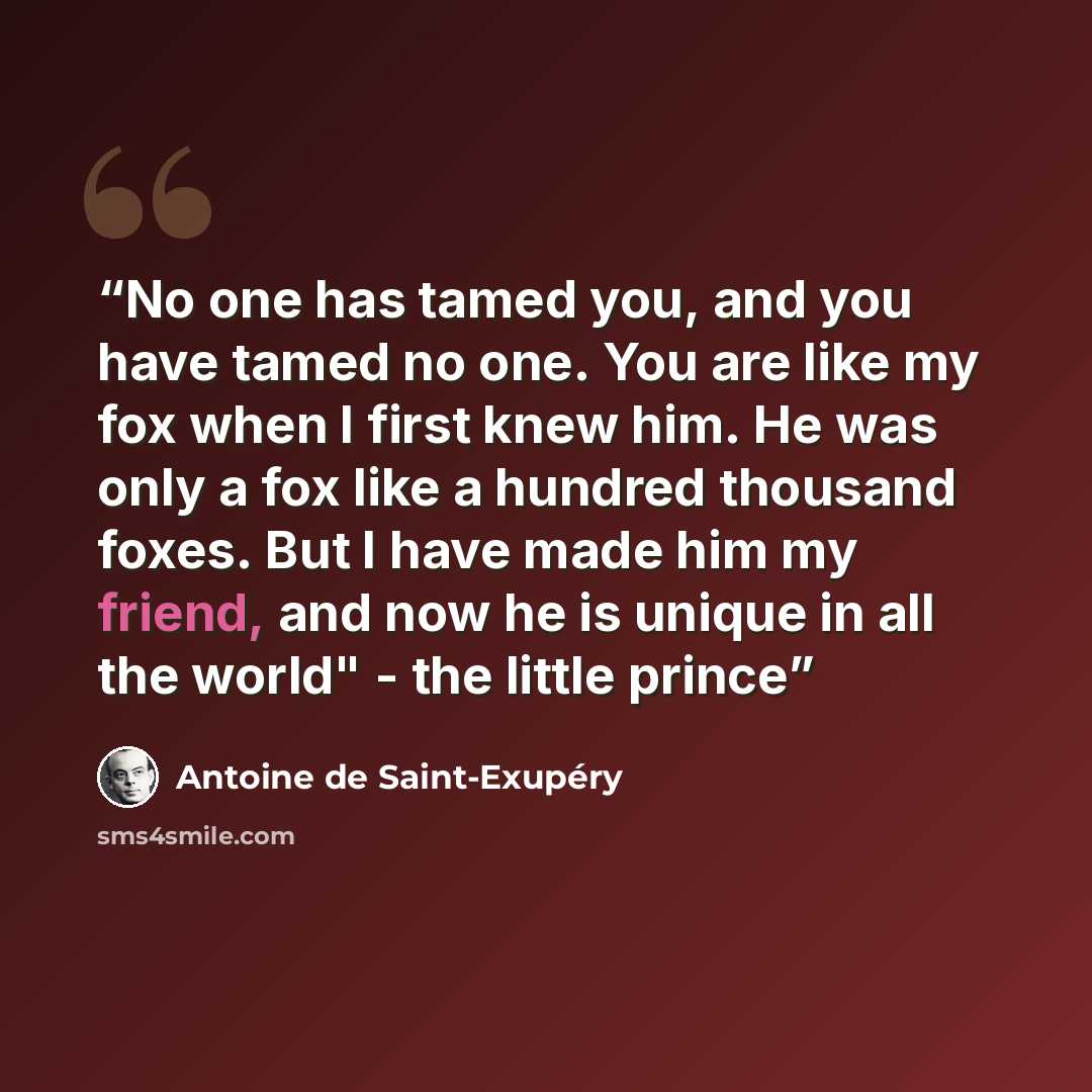 “No one has tamed you, and you have tamed no one. You are like my fox when I first knew him. He was only a fox like a hundred thousand foxes. But I have made him my friend, and now he is unique in all the world" - the little prince” quote by Antoine de Saint-Exupéry