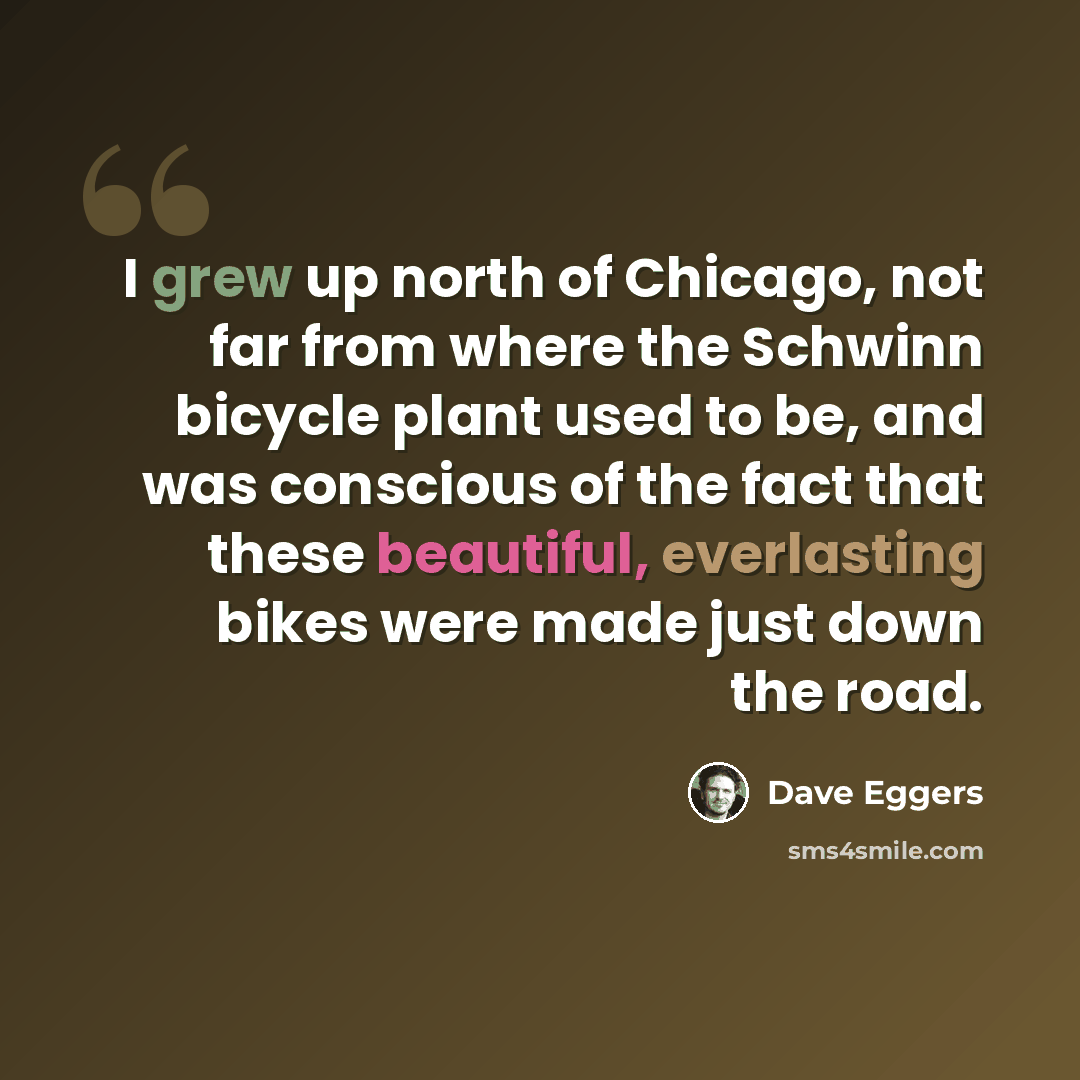“I grew up north of Chicago, not far from where the Schwinn bicycle plant used to be, and was conscious of the fact that these beautiful, everlasting bikes were made just down the road.” quote by Dave Eggers