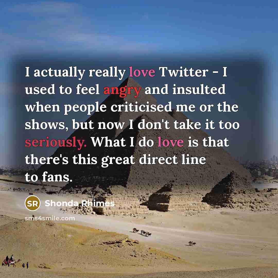 “I actually really love Twitter - I used to feel angry and insulted when people criticised me or the shows, but now I don't take it too seriously. What I do love is that there's this great direct line to fans.” quote by Shonda Rhimes