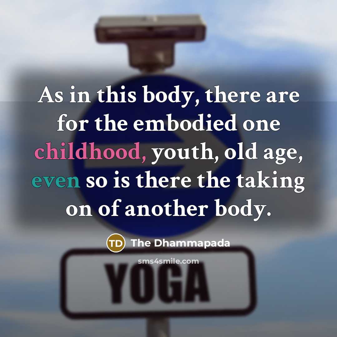 “As in this body, there are for the embodied one childhood, youth, old age, even so is there the taking on of another body.” quote by The Dhammapada