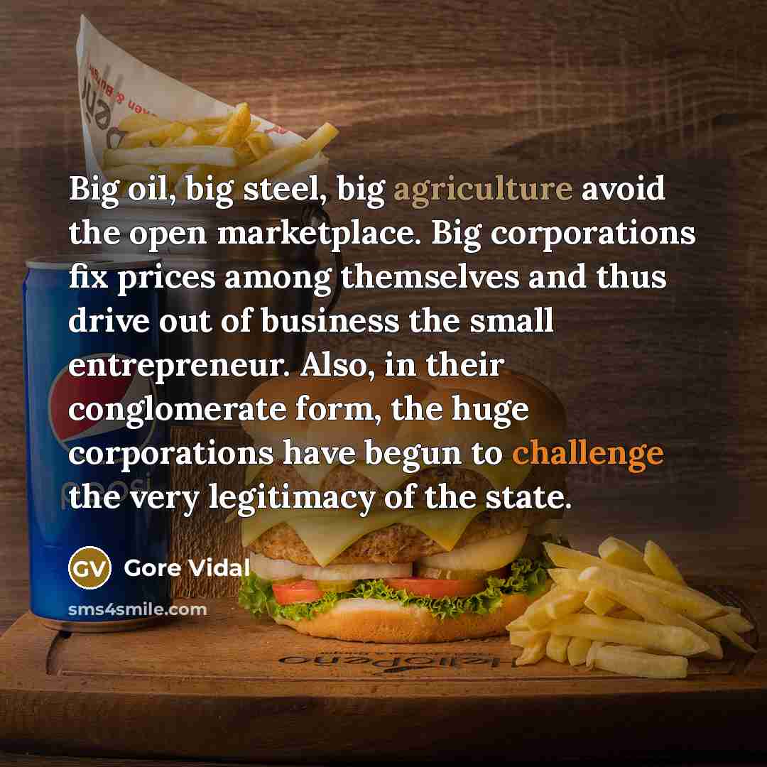 “Big oil, big steel, big agriculture avoid the open marketplace. Big corporations fix prices among themselves and thus drive out of business the small entrepreneur. Also, in their conglomerate form, the huge corporations have begun to challenge the very legitimacy of the state.” quote by Gore Vidal