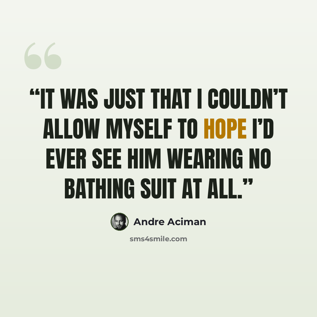 “It was just that I couldn’t allow myself to hope I’d ever see him wearing no bathing suit at all.” quote by André Aciman