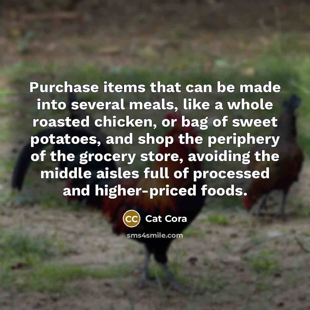 “Purchase items that can be made into several meals, like a whole roasted chicken, or bag of sweet potatoes, and shop the periphery of the grocery store, avoiding the middle aisles full of processed and higher-priced foods.” quote by Cat Cora