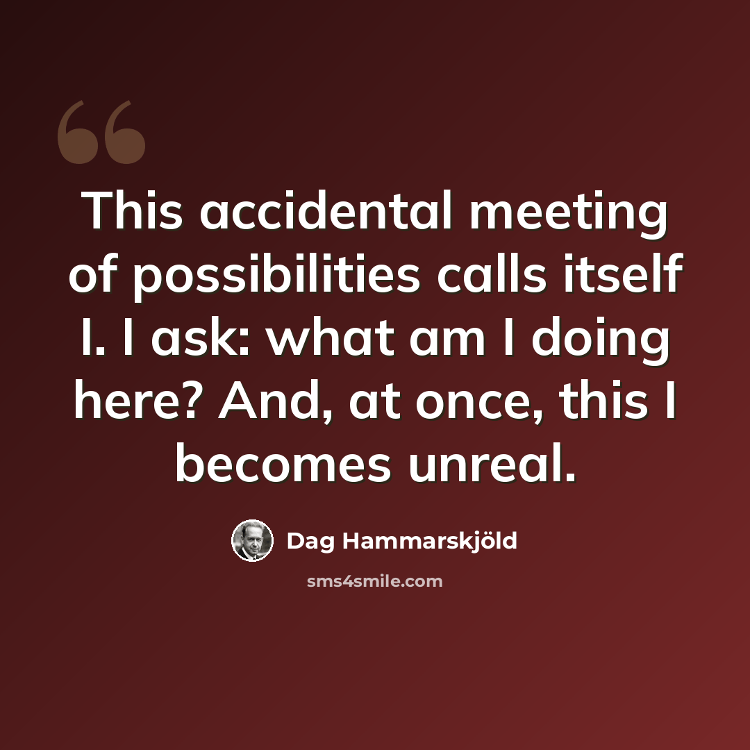 “This accidental meeting of possibilities calls itself I. I ask: what am I doing here? And, at once, this I becomes unreal.” quote by Dag Hammarskjold