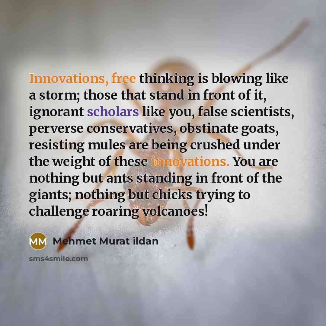 “Innovations, free thinking is blowing like a storm; those that stand in front of it, ignorant scholars like you, false scientists, perverse conservatives, obstinate goats, resisting mules are being crushed under the weight of these innovations. You are nothing but ants standing in front of the…” quote by Mehmet Murat Ildan