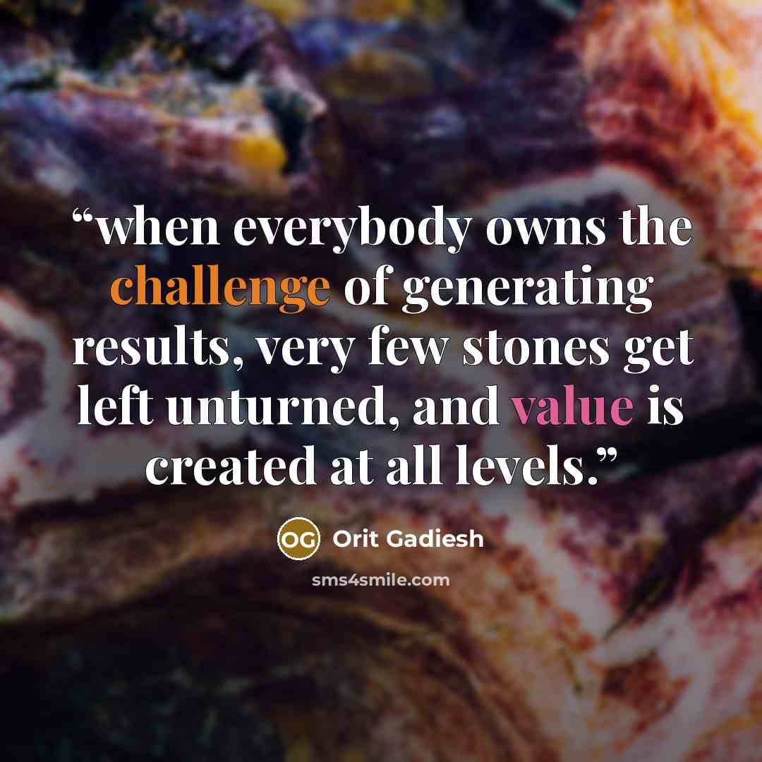 “when everybody owns the challenge of generating results, very few stones get left unturned, and value is created at all levels.” quote by Orit Gadiesh