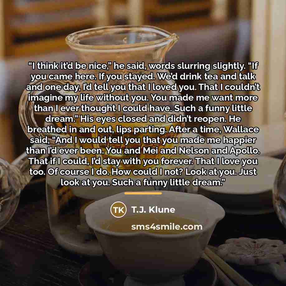 “I think it’d be nice,” he said, words slurring slightly. “If you came here. If you stayed. We’d drink tea and talk and one day, I’d tell you that I loved you. That I couldn’t imagine my life without you. You made me want more than I ever thought I could have. Such a funny little dream.” His eyes…” quote by T.J. Klune