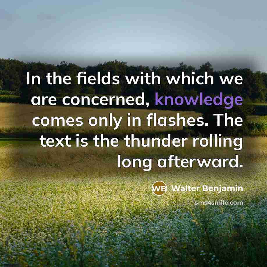 “In the fields with which we are concerned, knowledge comes only in flashes. The text is the thunder rolling long afterward.” quote by Walter Benjamin