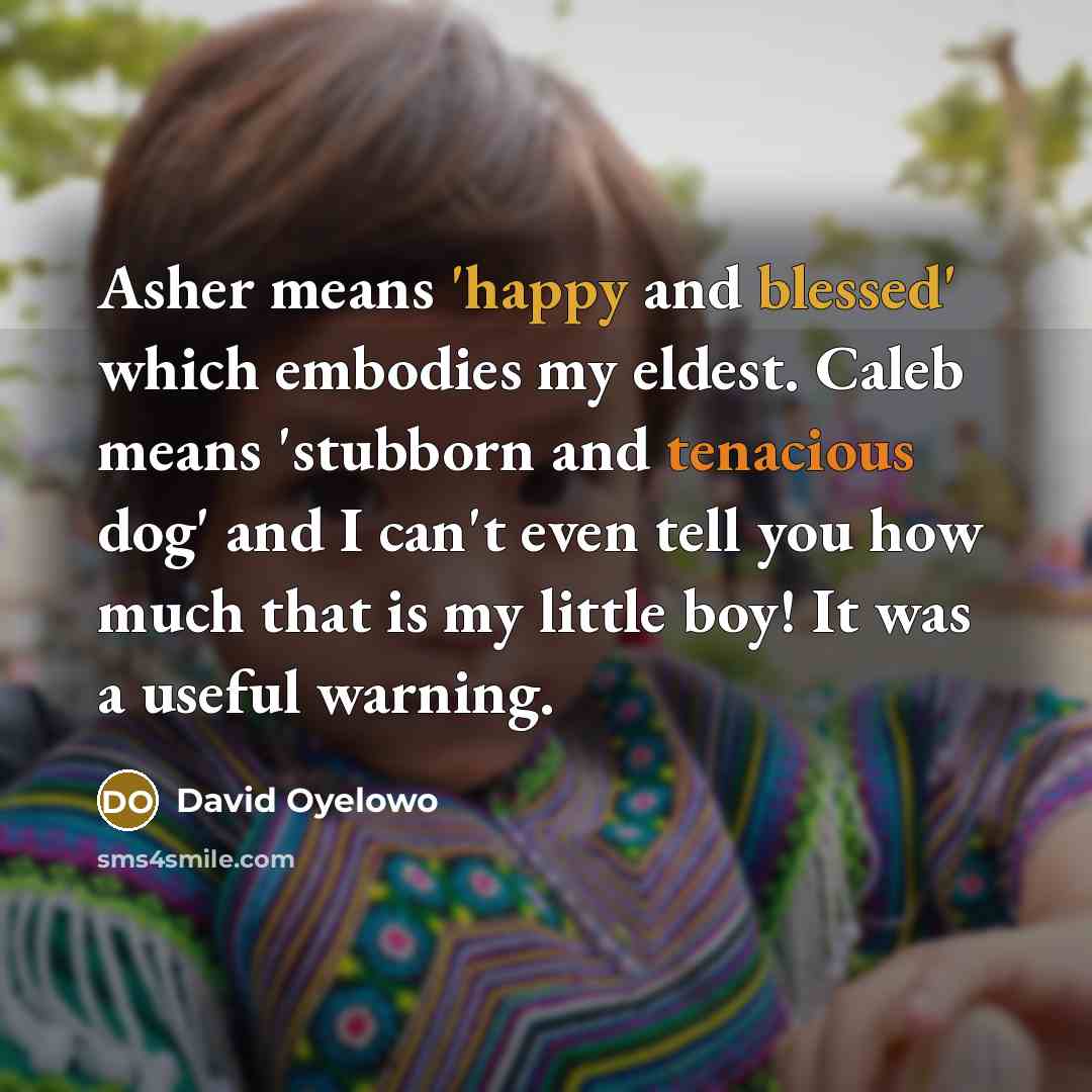 “Asher means 'happy and blessed' which embodies my eldest. Caleb means 'stubborn and tenacious dog' and I can't even tell you how much that is my little boy! It was a useful warning.” quote by David Oyelowo