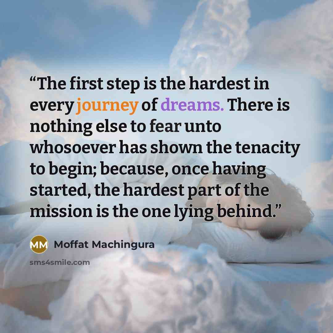 “The first step is the hardest in every journey of dreams. There is nothing else to fear unto whosoever has shown the tenacity to begin; because, once having started, the hardest part of the mission is the one lying behind.” quote by Moffat Machingura