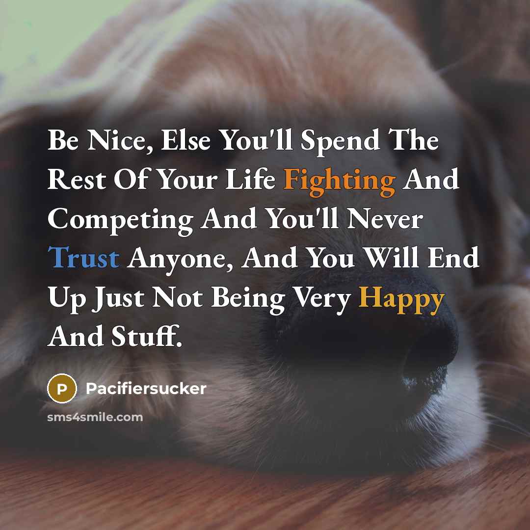 “Be Nice, Else You'll Spend The Rest Of Your Life Fighting And Competing And You'll Never Trust Anyone, And You Will End Up Just Not Being Very Happy And Stuff.” quote by Pacifiersucker