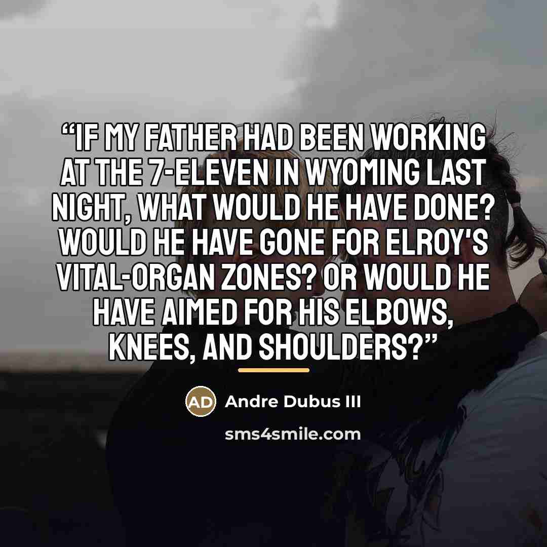 “If my father had been working at the 7-Eleven in Wyoming last night, what would he have done? Would he have gone for Elroy's vital-organ zones? Or would he have aimed for his elbows, knees, and shoulders?” quote by Andre Dubus III