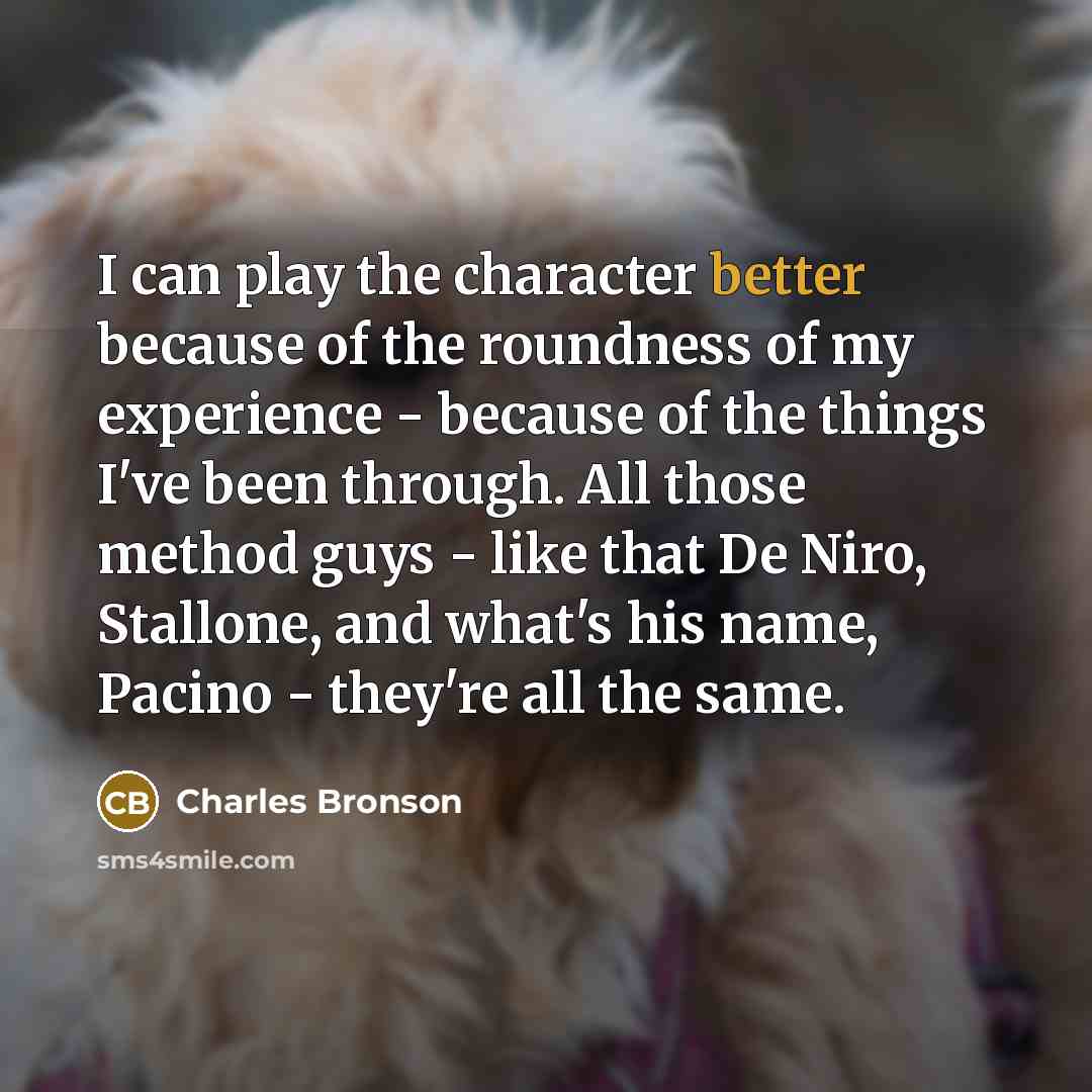 “I can play the character better because of the roundness of my experience - because of the things I've been through. All those method guys - like that De Niro, Stallone, and what's his name, Pacino - they're all the same.” quote by Charles Bronson