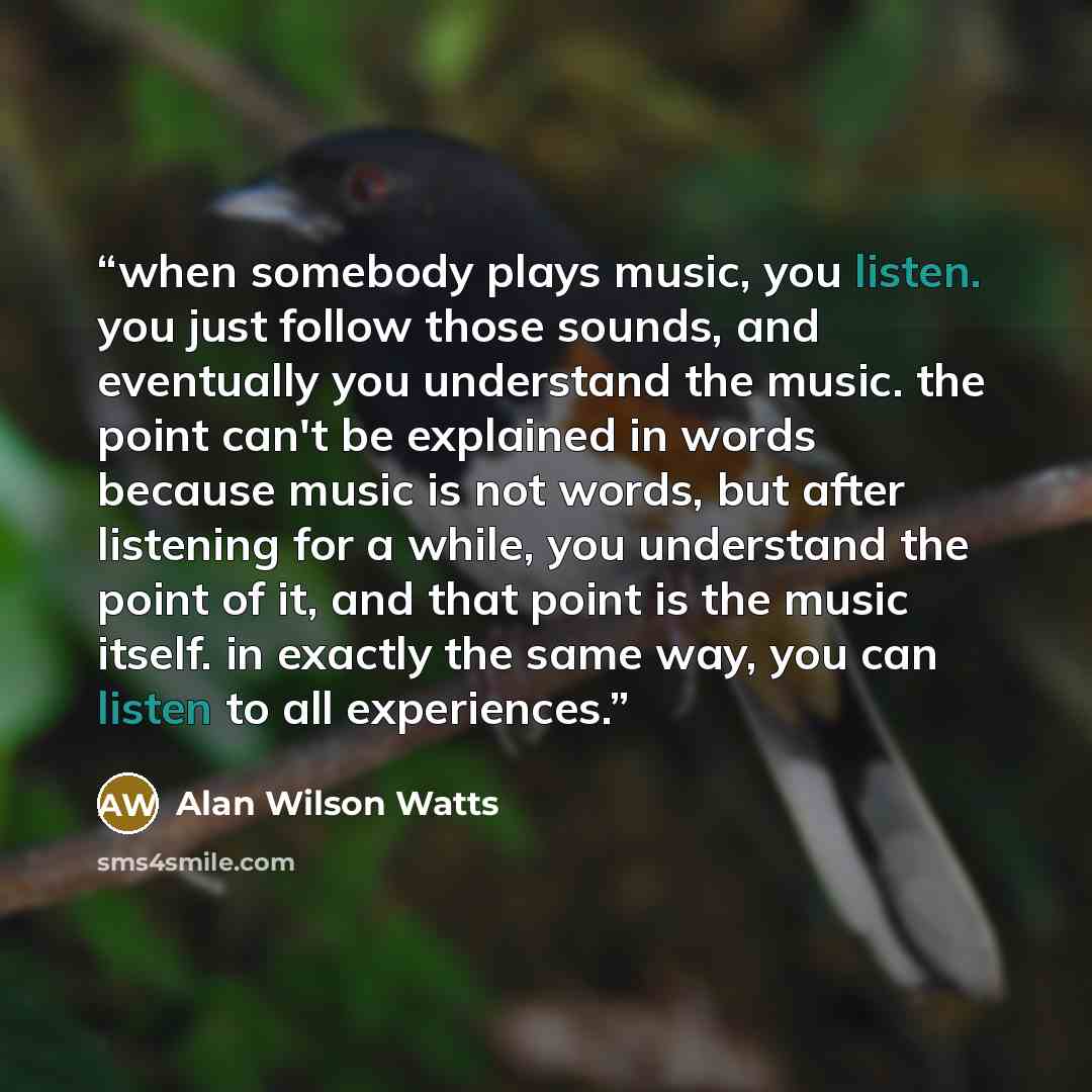 “when somebody plays music, you listen. you just follow those sounds, and eventually you understand the music. the point can't be explained in words because music is not words, but after listening for a while, you understand the point of it, and that point is the music itself. in exactly the same…” quote by Alan Wilson Watts