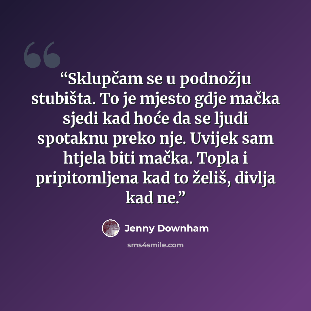 “Sklupčam se u podnožju stubišta. To je mjesto gdje mačka sjedi kad hoće da se ljudi spotaknu preko nje. Uvijek sam htjela biti mačka. Topla i pripitomljena kad to želiš, divlja kad ne.” quote by Jenny Downham