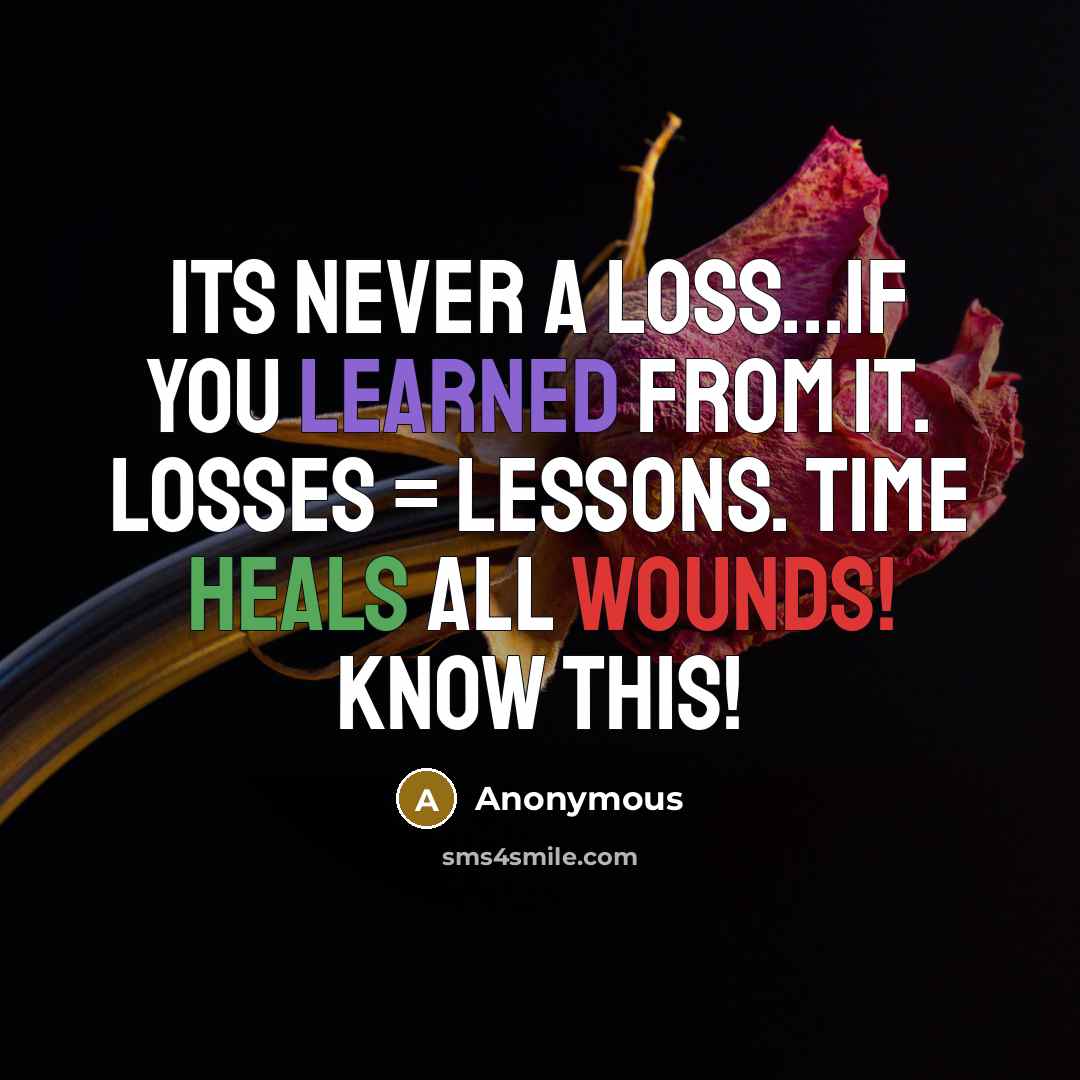 “Its never a loss...If you learned from it. Losses = Lessons. Time heals all wounds! Know this!” quote by Anonymous