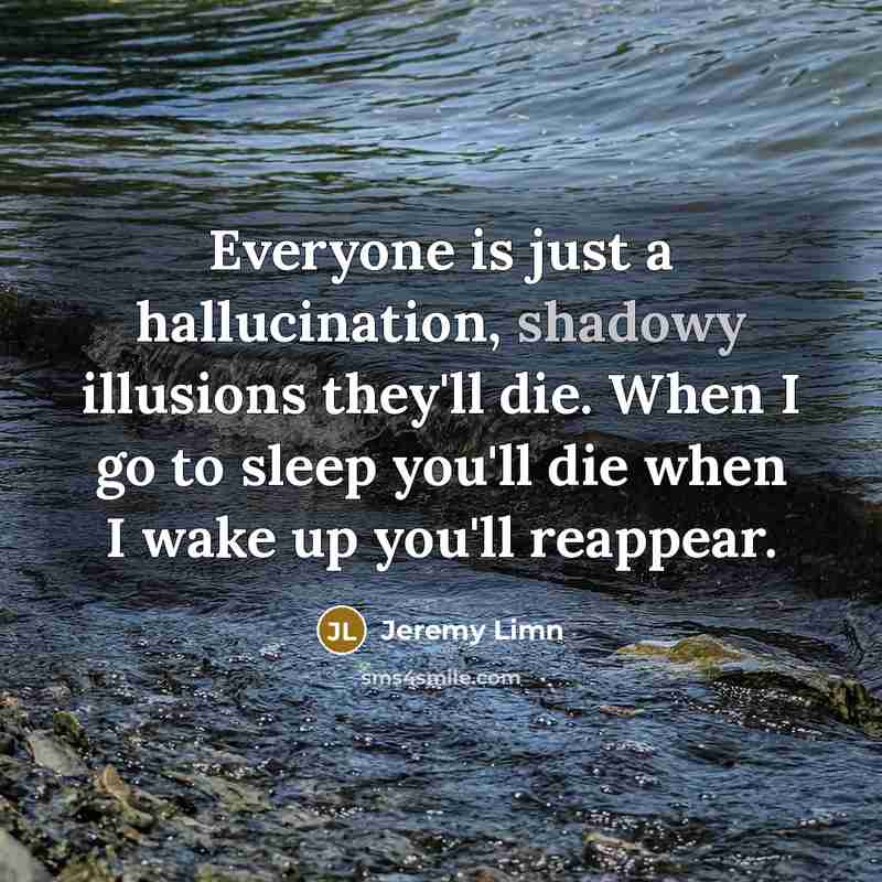 “Everyone is just a hallucination, shadowy illusions they'll die. When I go to sleep you'll die when I wake up you'll reappear.” quote by Jeremy Limn