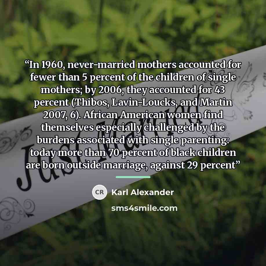 “In 1960, never-married mothers accounted for fewer than 5 percent of the children of single mothers; by 2006, they accounted for 43 percent (Thibos, Lavin-Loucks, and Martin 2007, 6). African American women find themselves especially challenged by the burdens associated with single parenting…” quote by Karl Alexander