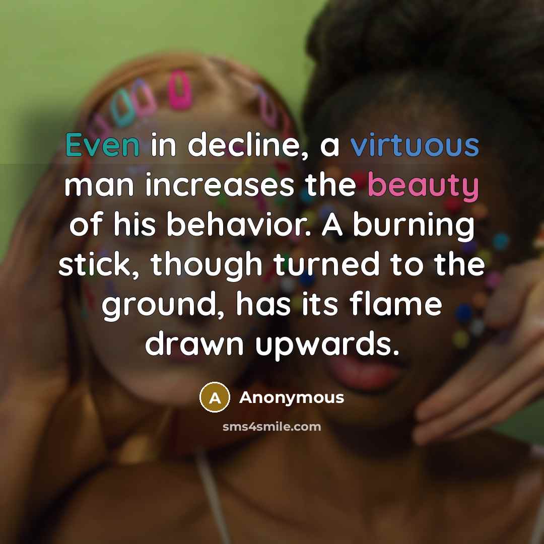 “Even in decline, a virtuous man increases the beauty of his behavior. A burning stick, though turned to the ground, has its flame drawn upwards.” quote by Anonymous
