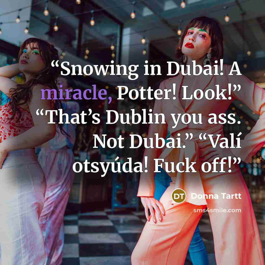 “Snowing in Dubai! A miracle, Potter! Look!” “That’s Dublin you ass. Not Dubai.” “Valí otsyúda! Fuck off!” quote by Donna Tartt