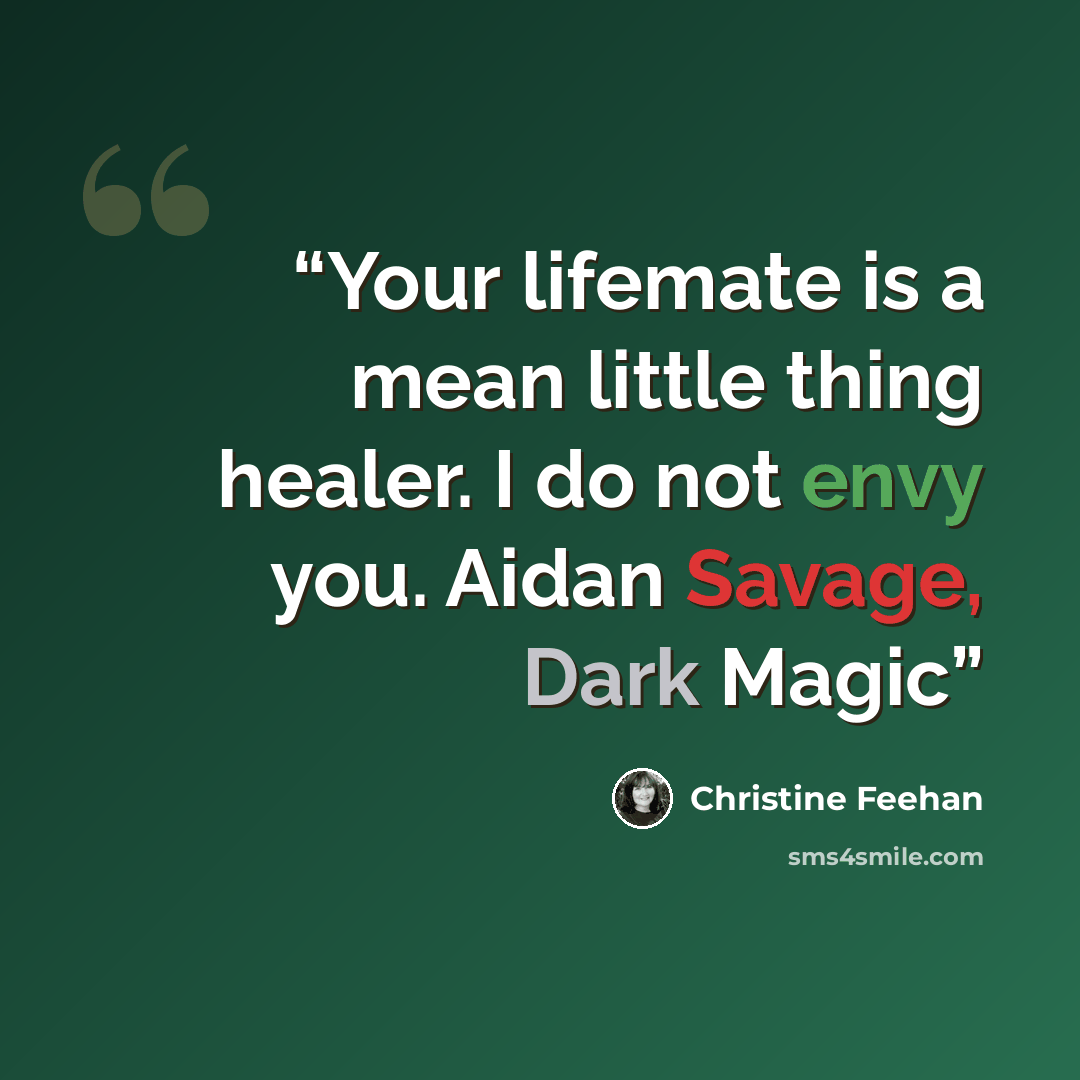 “Your lifemate is a mean little thing healer. I do not envy you. Aidan Savage, Dark Magic” quote by Christine Feehan