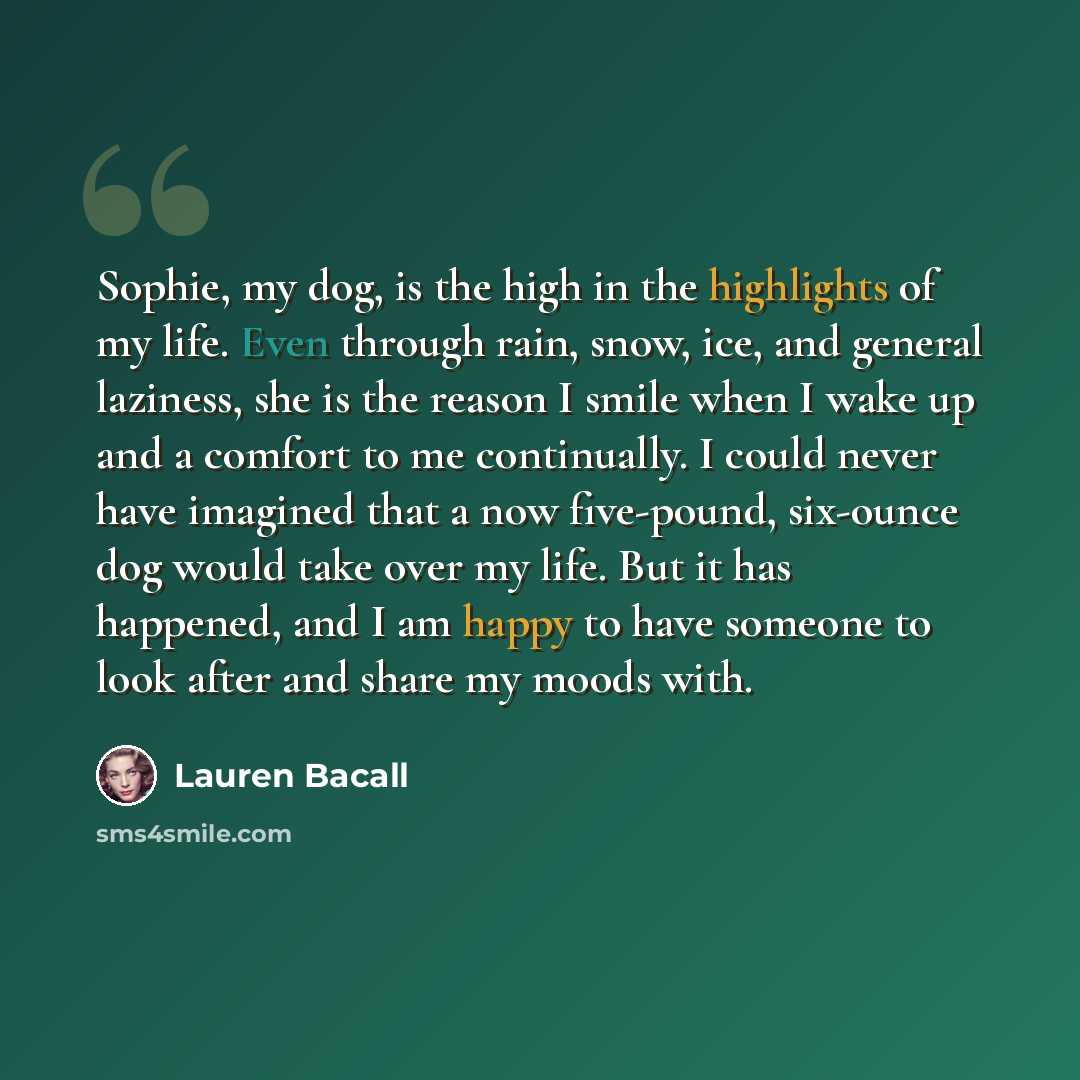 “Sophie, my dog, is the high in the highlights of my life. Even through rain, snow, ice, and general laziness, she is the reason I smile when I wake up and a comfort to me continually. I could never have imagined that a now five-pound, six-ounce dog would take over my life. But it has happened, and…” quote by Lauren Bacall