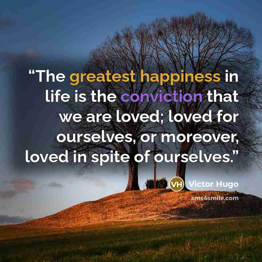 “The greatest happiness in life is the conviction that we are loved; loved for ourselves, or moreover, loved in spite of ourselves.” quote by Victor Hugo