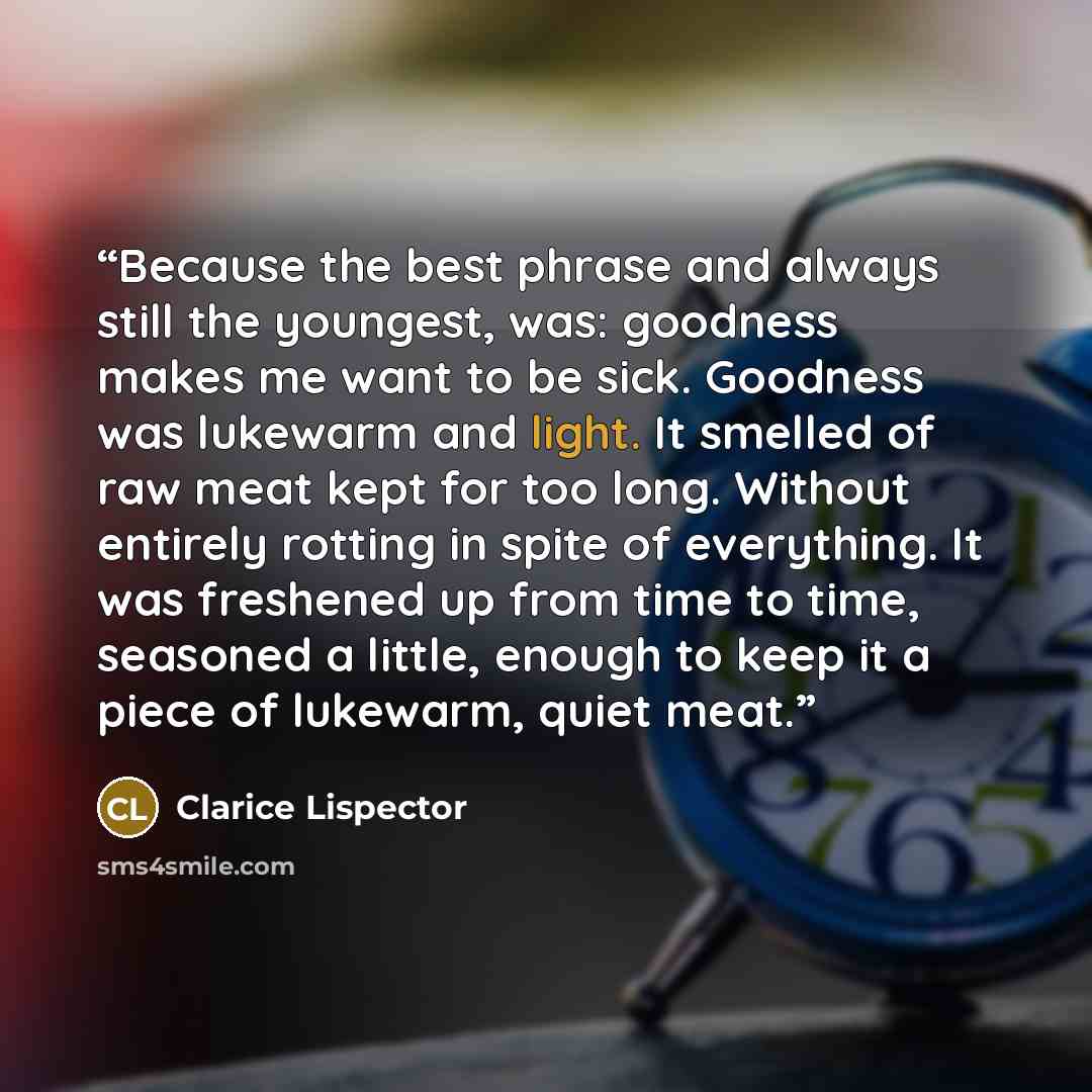 “Because the best phrase and always still the youngest, was: goodness makes me want to be sick. Goodness was lukewarm and light. It smelled of raw meat kept for too long. Without entirely rotting in spite of everything. It was freshened up from time to time, seasoned a little, enough to keep it a…” quote by Clarice Lispector