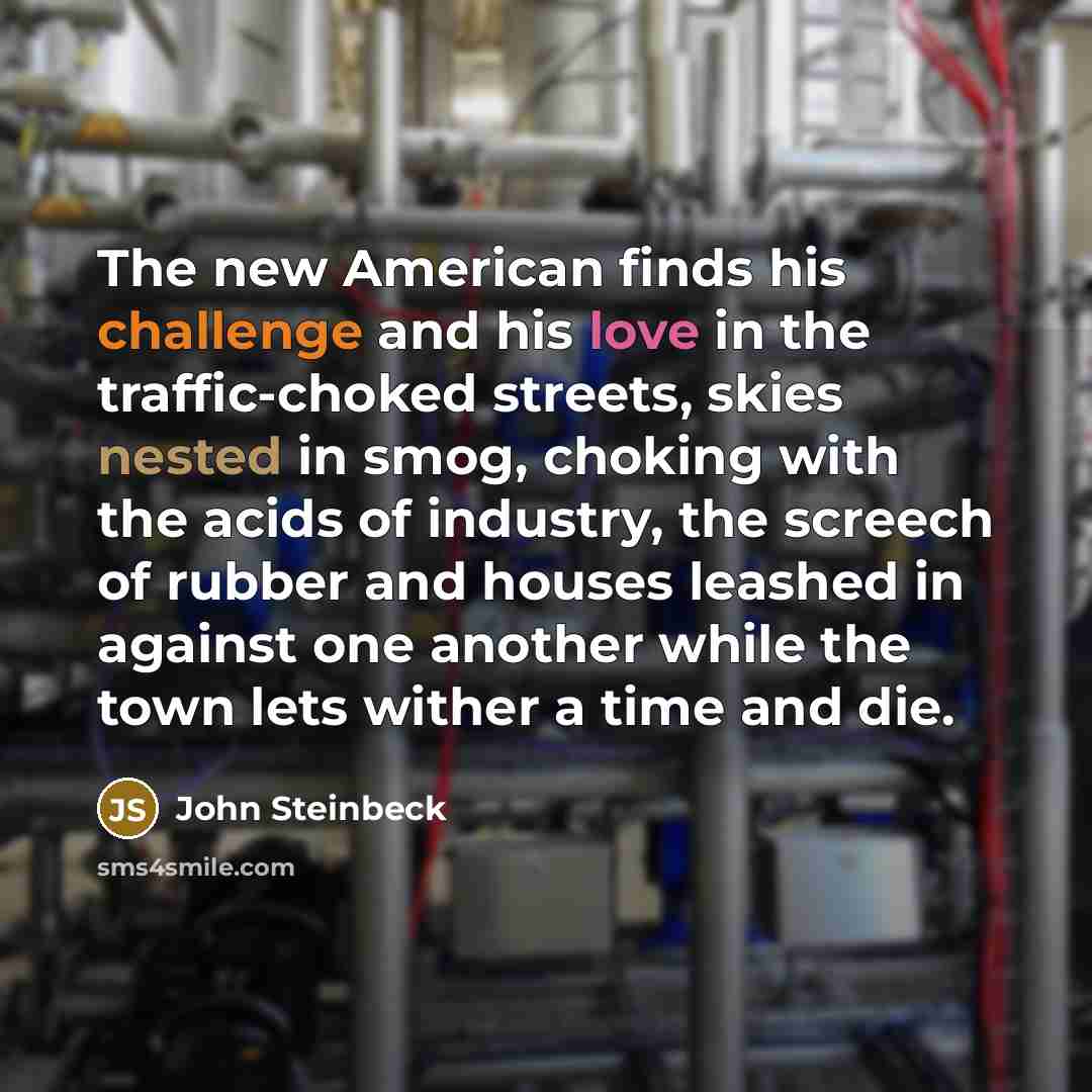 “The new American finds his challenge and his love in the traffic-choked streets, skies nested in smog, choking with the acids of industry, the screech of rubber and houses leashed in against one another while the town lets wither a time and die.” quote by John Steinbeck