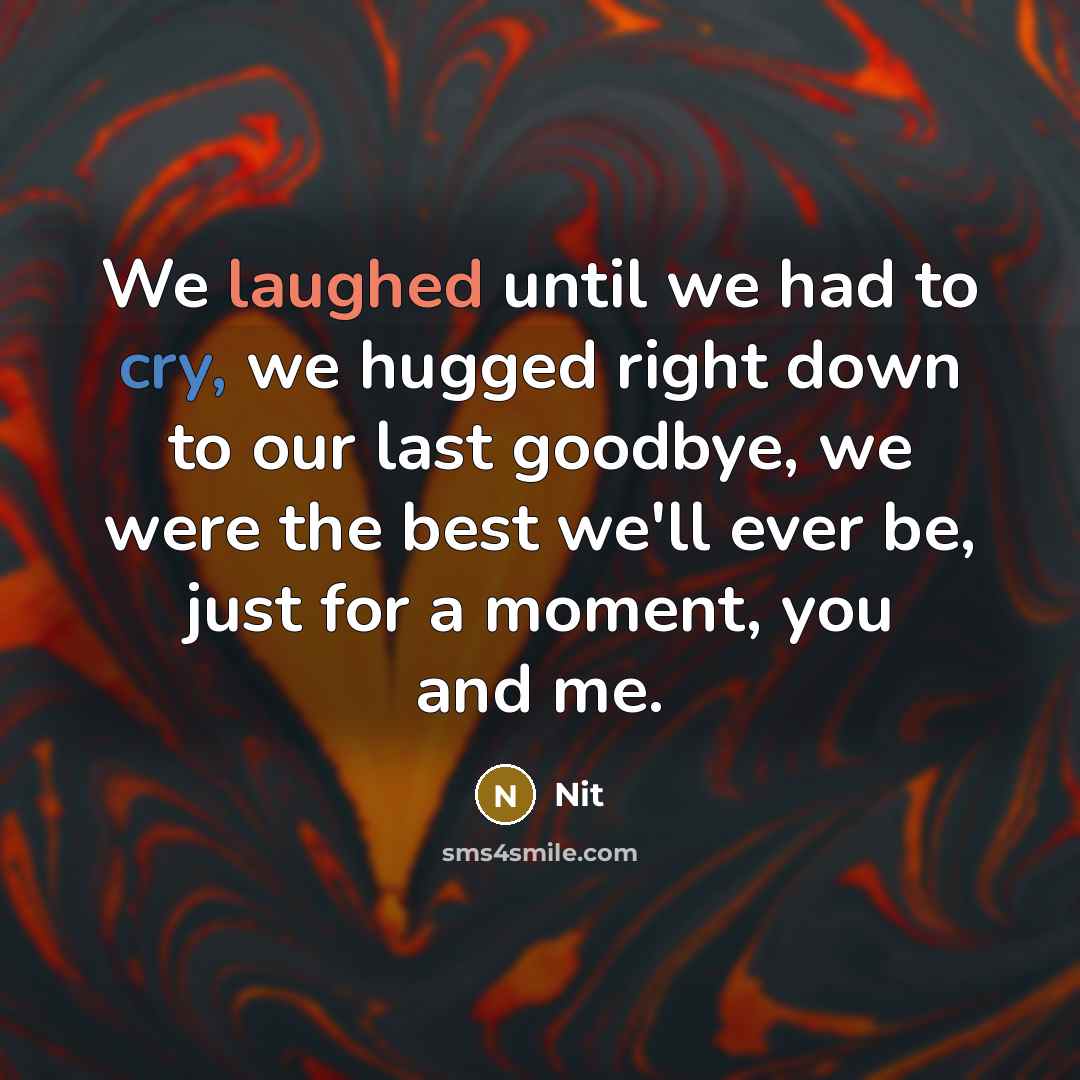 “We laughed until we had to cry, we hugged right down to our last goodbye, we were the best we'll ever be, just for a moment, you and me.” quote by Nit