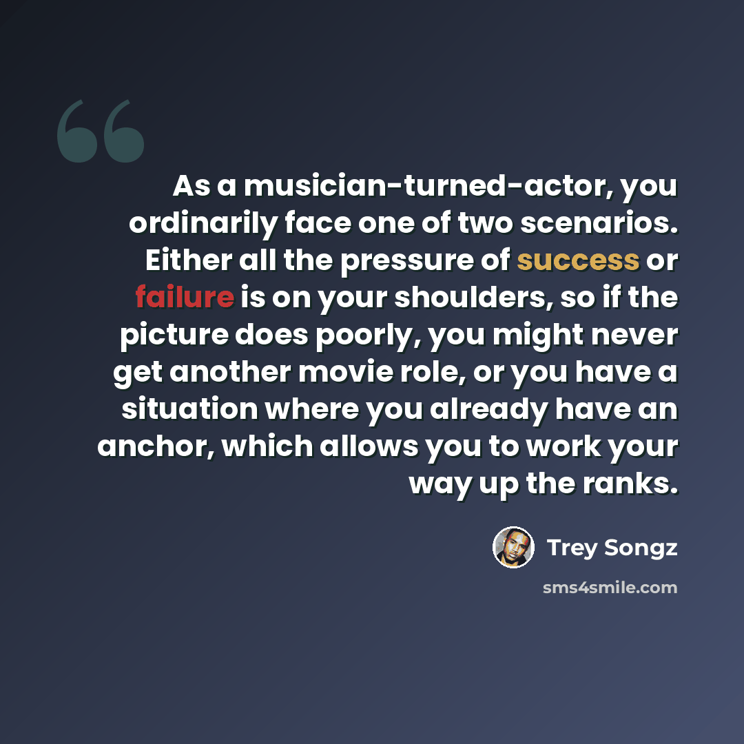 “As a musician-turned-actor, you ordinarily face one of two scenarios. Either all the pressure of success or failure is on your shoulders, so if the picture does poorly, you might never get another movie role, or you have a situation where you already have an anchor, which allows you to work your…” quote by Trey Songz