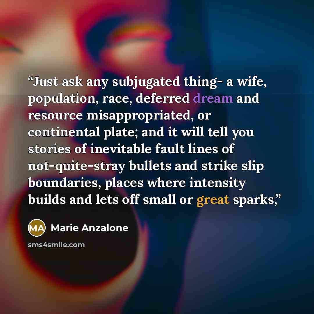 “Just ask any subjugated thing- a wife, population, race, deferred dream and resource misappropriated, or continental plate; and it will tell you stories of inevitable fault lines of not-quite-stray bullets and strike slip boundaries, places where intensity builds and lets off small or great sparks,” quote by Marie Anzalone
