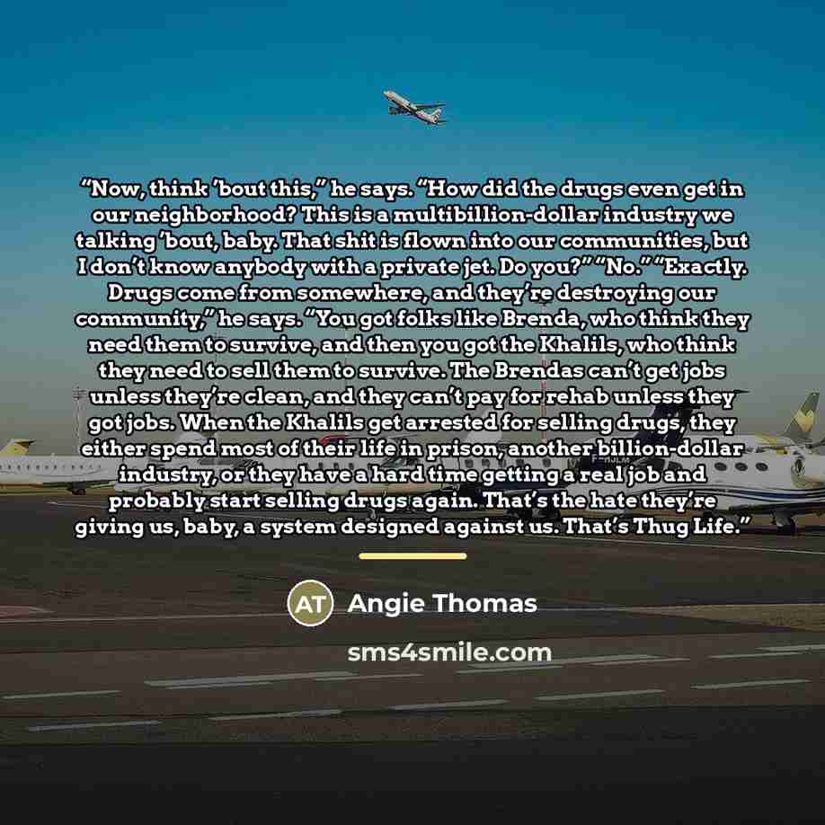 “Now, think ’bout this,” he says. “How did the drugs even get in our neighborhood? This is a multibillion-dollar industry we talking ’bout, baby. That shit is flown into our communities, but I don’t know anybody with a private jet. Do you?” “No.” “Exactly. Drugs come from somewhere, and they’re…” quote by Angie Thomas