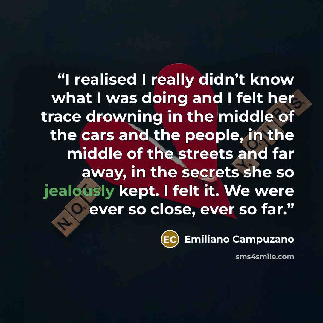 “I realised I really didn’t know what I was doing and I felt her trace drowning in the middle of the cars and the people, in the middle of the streets and far away, in the secrets she so jealously kept. I felt it. We were ever so close, ever so far.” quote by Emiliano Campuzano