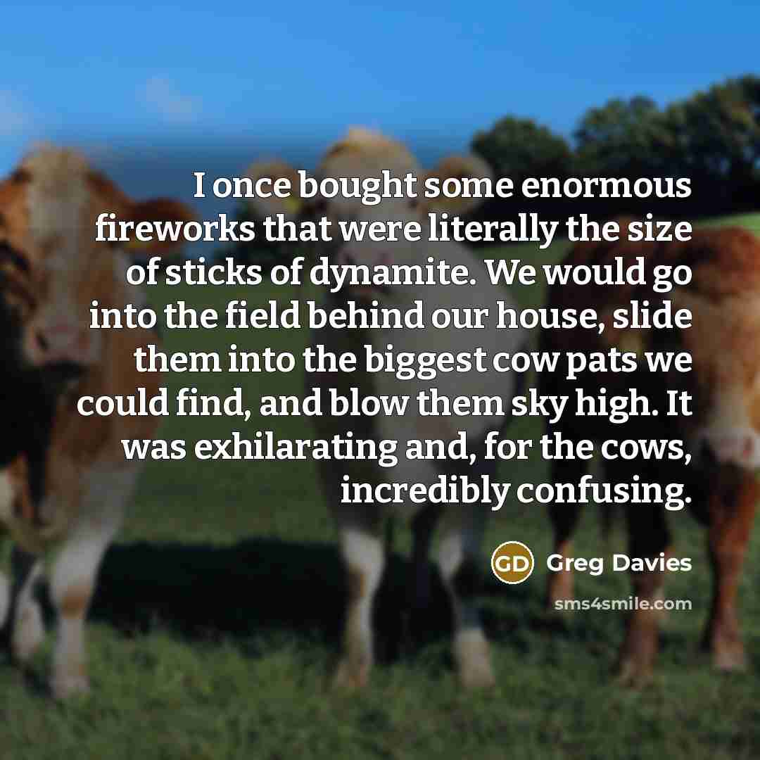 “I once bought some enormous fireworks that were literally the size of sticks of dynamite. We would go into the field behind our house, slide them into the biggest cow pats we could find, and blow them sky high. It was exhilarating and, for the cows, incredibly confusing.” quote by Greg Davies