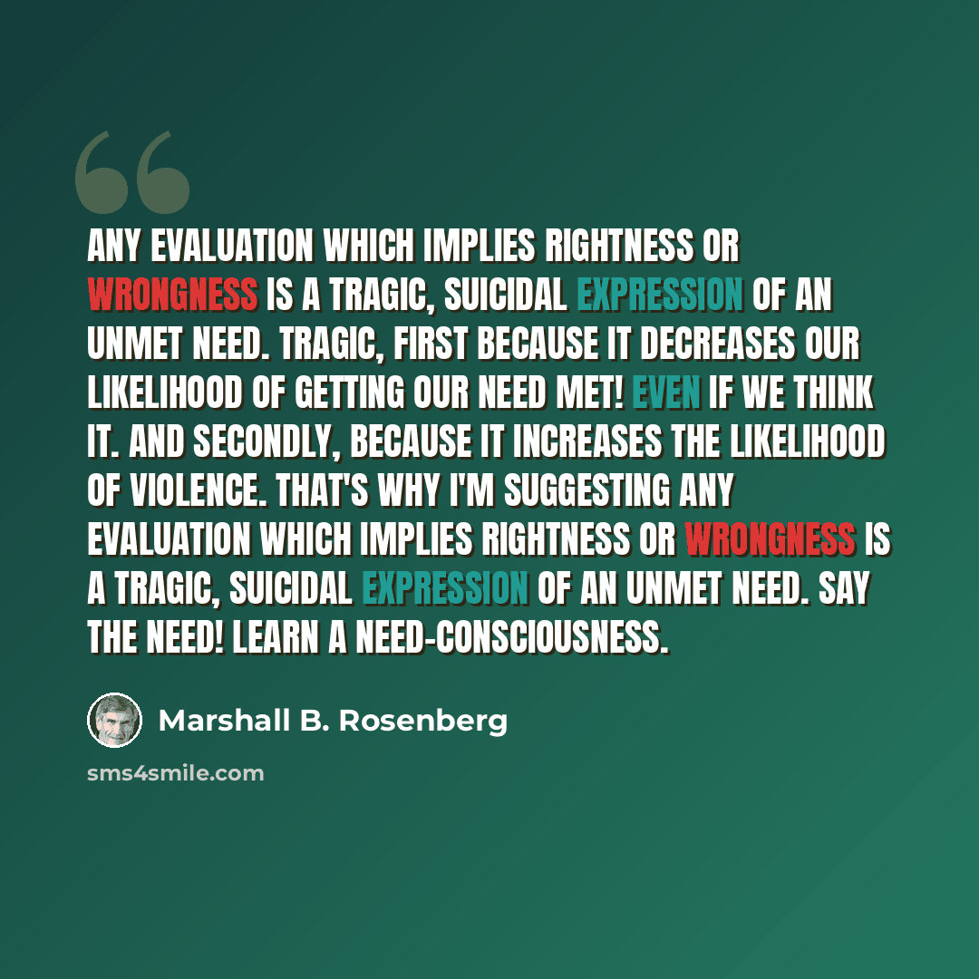 “Any evaluation which implies rightness or wrongness is a tragic, suicidal expression of an unmet need. Tragic, first because it decreases our likelihood of getting our need met! Even if we think it. And secondly, because it increases the likelihood of violence. That's why I'm suggesting any…” quote by Marshall B. Rosenberg