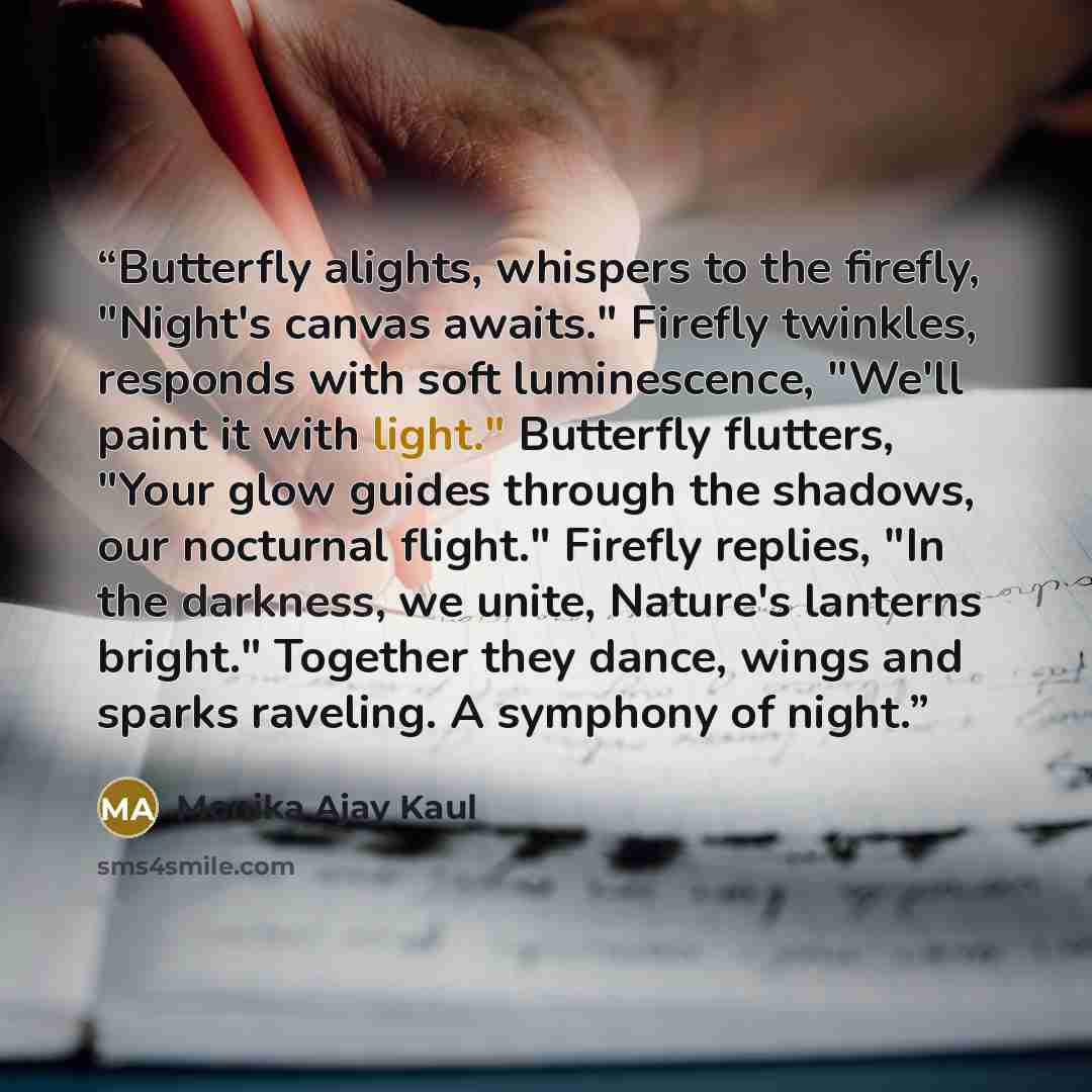 “Butterfly alights, whispers to the firefly, "Night's canvas awaits." Firefly twinkles, responds with soft luminescence, "We'll paint it with light." Butterfly flutters, "Your glow guides through the shadows, our nocturnal flight." Firefly replies, "In the darkness, we unite, Nature's lanterns…” quote by Monika Ajay Kaul
