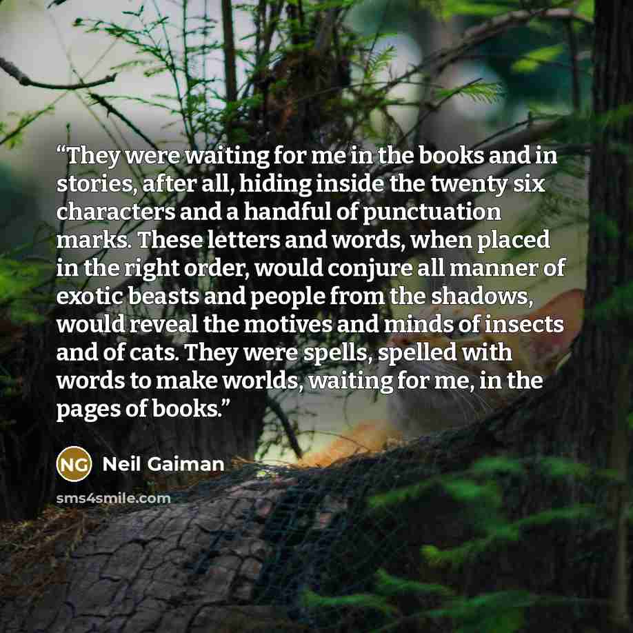 “They were waiting for me in the books and in stories, after all, hiding inside the twenty six characters and a handful of punctuation marks. These letters and words, when placed in the right order, would conjure all manner of exotic beasts and people from the shadows, would reveal the motives and…” quote by Neil Gaiman