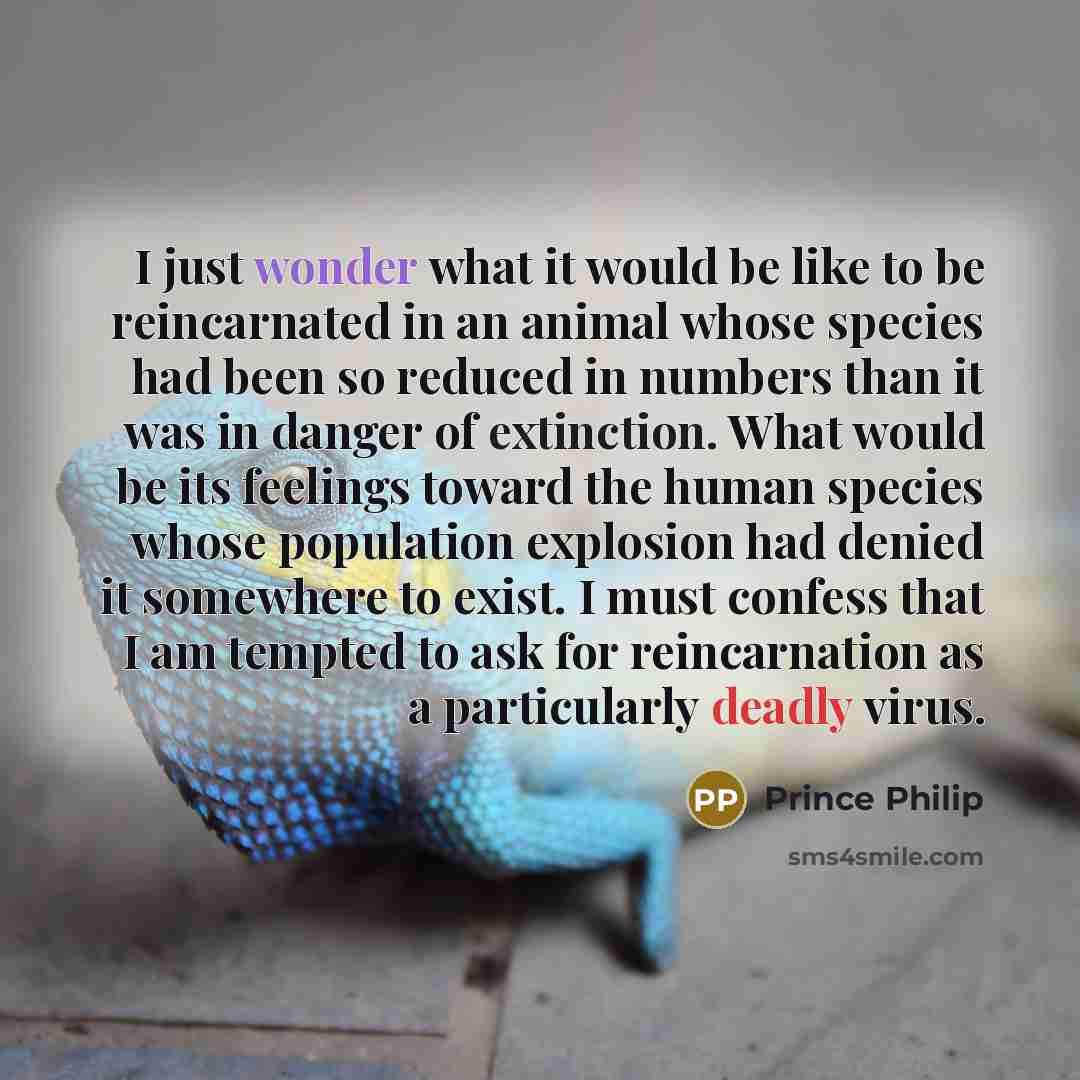 “I just wonder what it would be like to be reincarnated in an animal whose species had been so reduced in numbers than it was in danger of extinction. What would be its feelings toward the human species whose population explosion had denied it somewhere to exist. I must confess that I am tempted to…” quote by Prince Philip